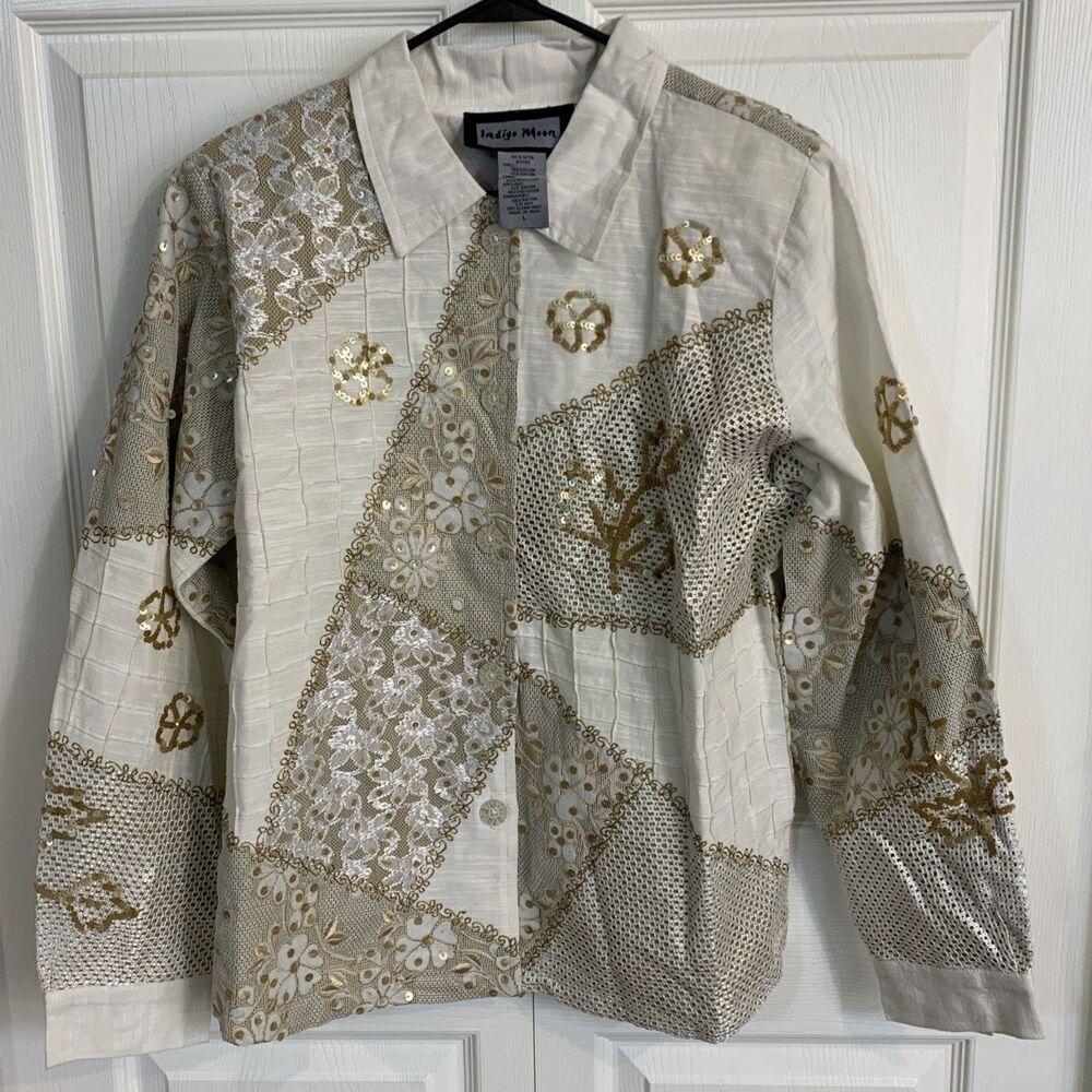 Indigo Moon Jacket Embroidered Floral Sequins Beige Gold Large